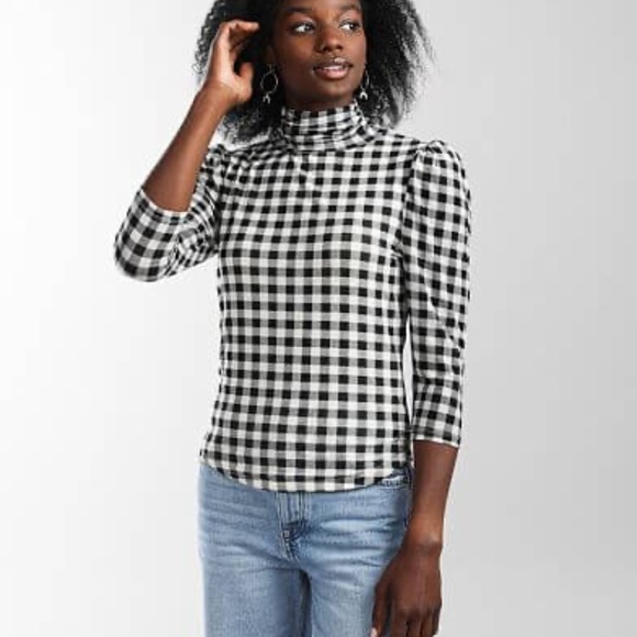 Free People Gather Turtleneck Top Black Combo Gingham Mesh Puff Sleeve M NWT - Picture 2 of 14